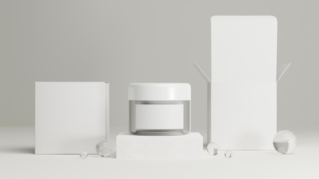 Huidverzorging gezichtscrème cosmetische witte pot mockup met witte dozen op witte achtergrond 3d render