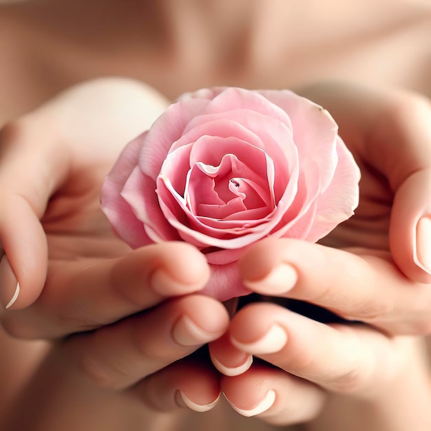 Huidverzorging Handen met roze rozenkop