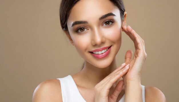 Huidverzorging vrouw met handen portret huid close-up cosmetische leeftijd concept achtergrond kleur bruin