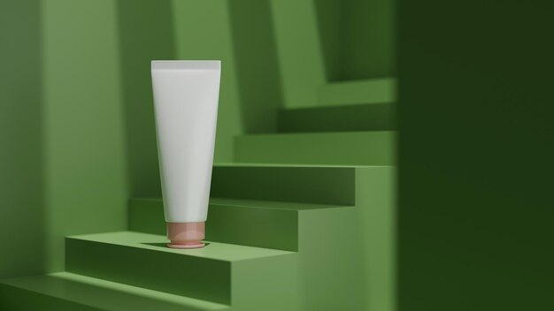 Huidverzorging witte buis mockup verpakking op groen podium crème lotion natuurlijk product 3d render