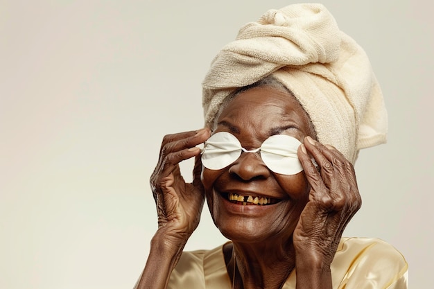 Huidverzorging Zeer gelukkige oude Afrikaanse vrouw lacht cosmetische oogvlekken aan te brengen masker vermindert rimpels draagt gewikkeld handdoek op het hoofd geïsoleerd op witte achtergrond Gezichtsbehandeling schoonheid en spa concept