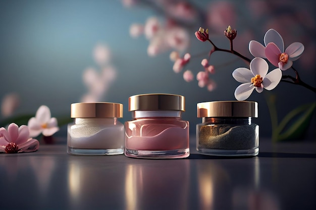 Huidverzorgings- en schoonheidsproductlijn in glazen potten met sakura-bloesems weergegeven op een marmeren tafel generatieve ai