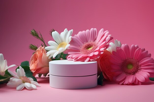 Huidverzorgingsconcept met handcrème in pot op roze achtergrond en bloemdecoratie