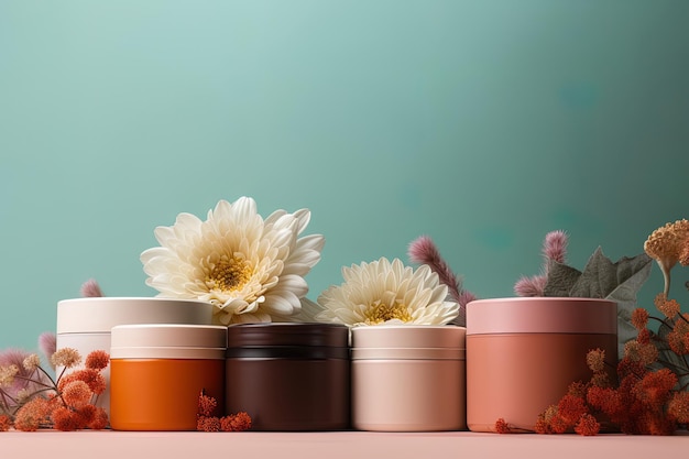 Huidverzorgingsconcept met handcrème in potten op groene achtergrond met kleurovergang en bloemdecoratie