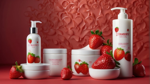 Huidverzorgingsproducten en aardbeien tegen een gestructureerde rode achtergrond