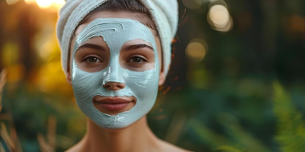 Huidverzorgingsroutine Concept Aziatische vrouw met gezichtsmasker op groene achtergrond Concept Asiatische schoonheid Huidverzoringsroutine Gesichtsmasker Groene achtergrond Gezonde huid