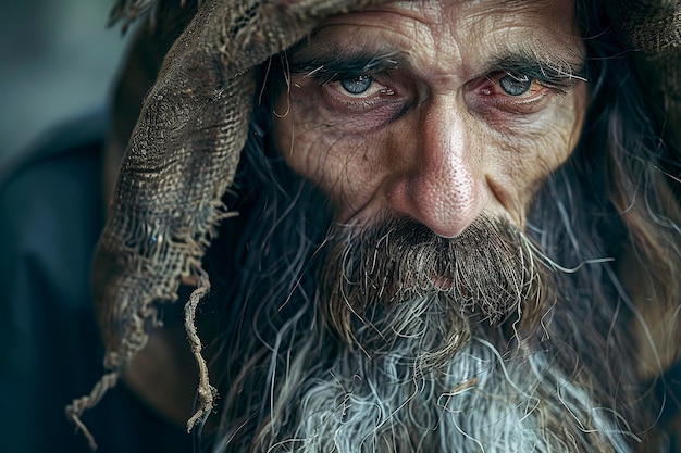 Huileloze bedelaar met lange baard en hoed