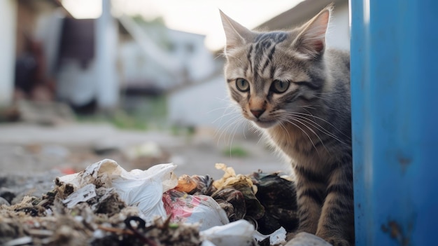 Huileloze hongerige kat op zoek naar eten in een vuilnisbelt buiten