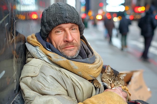 Huileloze man op de straat van de stad Oude verdrietige man op karton in gescheurde kleren die een kat katje knuffelt