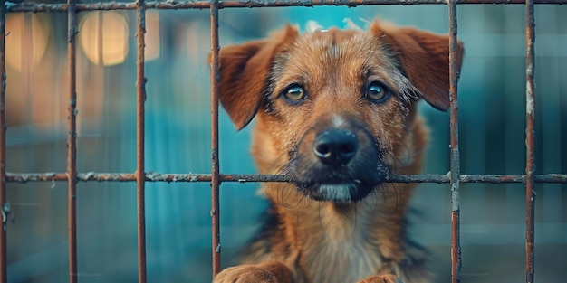 Foto huileloze zwerfhond in een dierentuinkooi generatieve ai