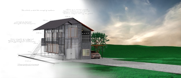 Huis 3d-project met handgeschreven notities. 3d-rendering