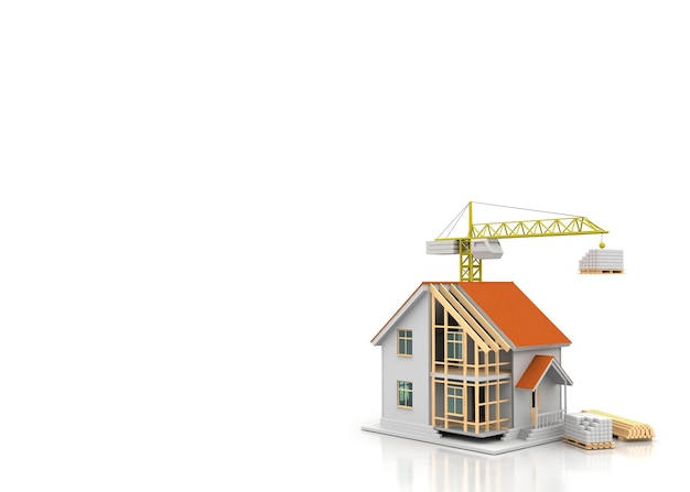 Huis 3D-rendering illustratie met open interieur bovenop Blauwdrukken documenten kraan- en hypotheekberekeningen