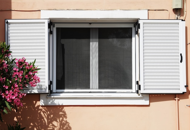 Huis en raam met bloemen