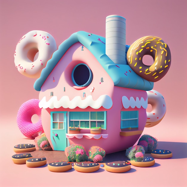 Huis gemaakt van donuts kawaii chocolade huis 3d render illustratie