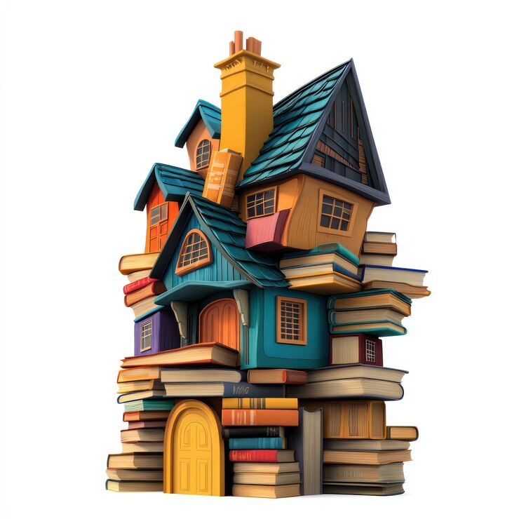 Huis gemaakt van gestapelde boeken vector stijl kunst 3d illustratie geïsoleerd op witte achtergrond v 61 Job ID 33da715a31a148c28daf3b7b8a012b0a