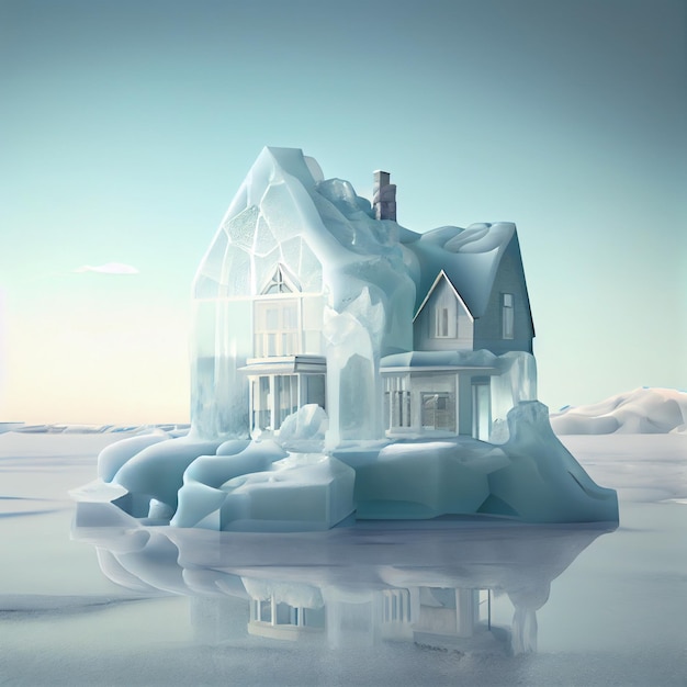 Huis gemaakt van ijs bevroren huis in de besneeuwde arctische 3d render