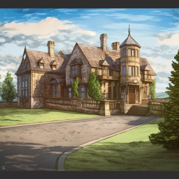 huis in anime stijl met een oprit en een hek ervoor generatieve ai