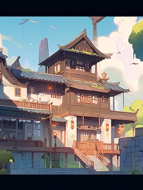 huis in anime-stijl met een trap die leidt naar een balkon generatieve ai