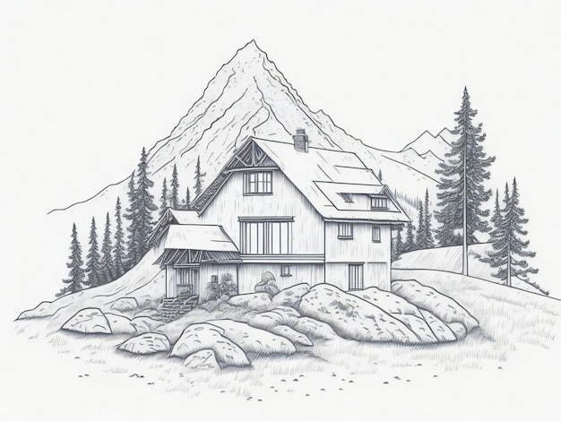 huis in berglandschap hand getrokken schets illustratie