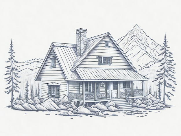 huis in berglandschap hand getrokken schets illustratie