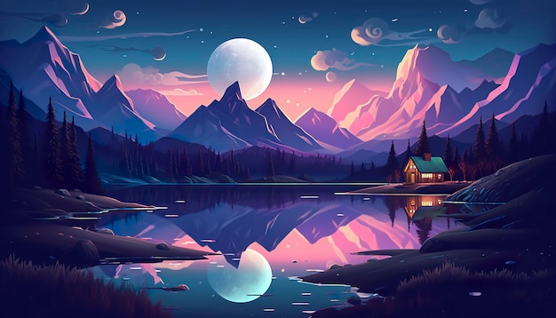 Huis in de bergen bij maanlicht naast een meer AI Generatief