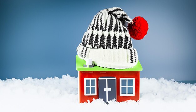 Foto huis in de winter verwarmingssysteem concept en koud sneeuwweer met model van een huis dragen