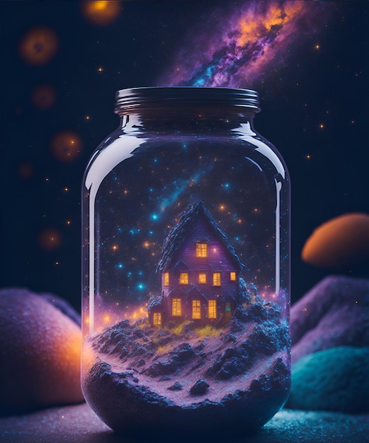 Huis in een fles met prachtige nachtelijke hemel galaxy achtergrond AI gegenereerd