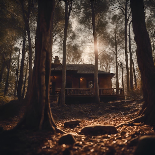 Huis in het bos met bomen en rotsen.