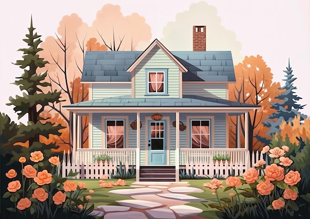 Huis in het herfstbos Cartoon stijl Vector illustratie voor uw ontwerp