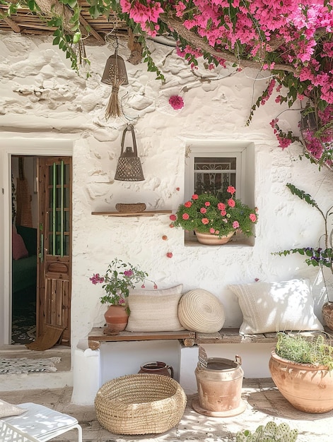 Huis in mediterrane stijl met houten en wollen elementen in zonnige kleuren bougainvillea aan de muren