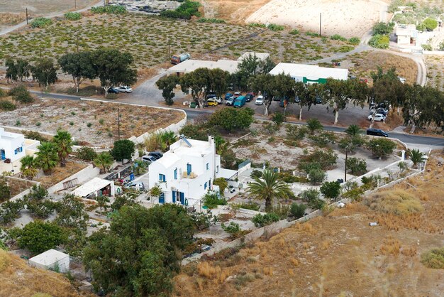 Huis in veld bovenaanzicht Het eiland Santorini