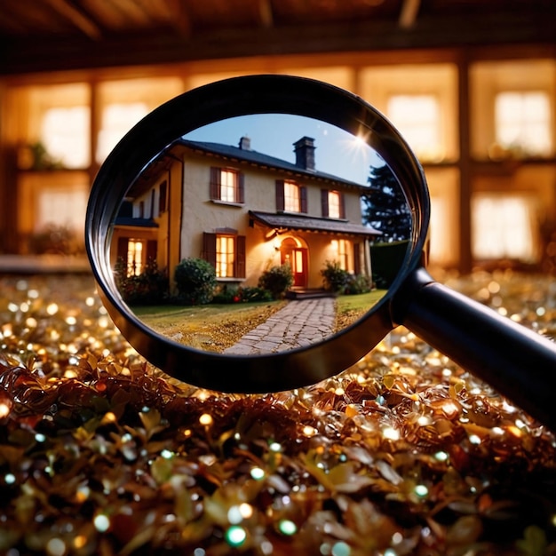 Foto huis jacht eigendom zoeken vergrootglas kijken naar huis