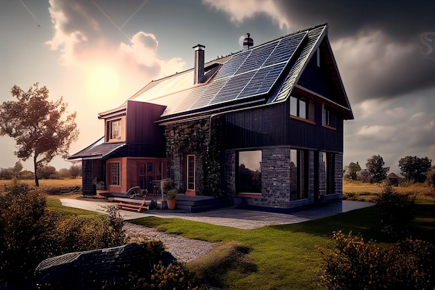 Huis met elektrische panelen op het dak generatieve ai