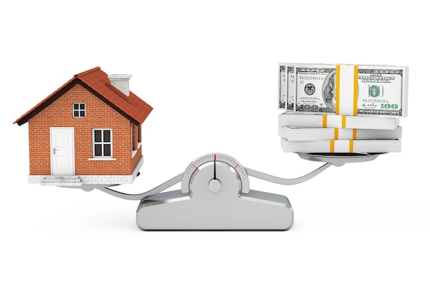 Foto huis met geld balanceren op een eenvoudige wegingsschaal op een witte achtergrond. 3d-rendering.