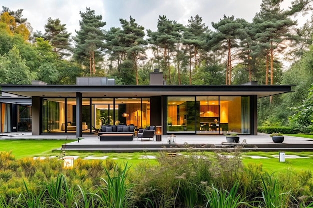 Huis met grote glazen muur met uitzicht op het bos