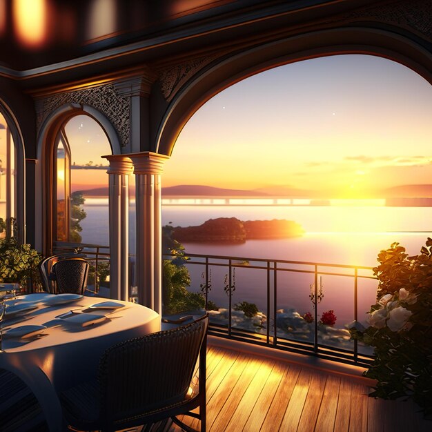 Foto huis met uitzicht op de zee met zonsondergang generatieve ai