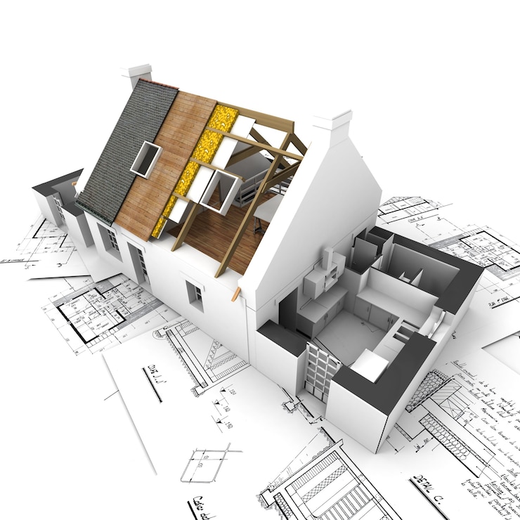 Foto huis met zichtbare daklagen bovenop architectenblauwdrukken.