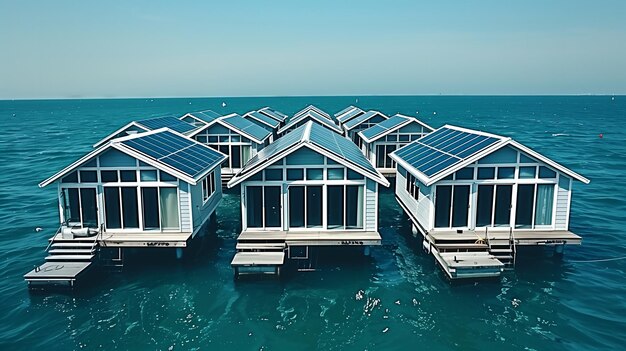 Foto huis met zonnepanelen dat in de zee drijft.