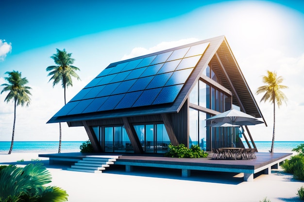 Huis met zonnepanelen op het dak en palmbomen op de achtergrond Generatieve AI