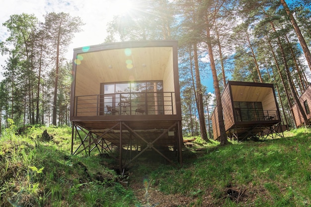 Huis of hotel met panoramische ramen in dennenbos mooie zomerochtend met lichte zon natuur