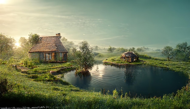 Huis op een heuvel met een meer en groen gras in de vroege ochtend