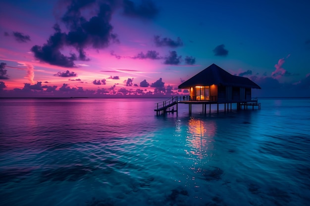 huis palen midden oceaan zonsondergang transparant paars getint paradijs tuin massage nachtelijke roze