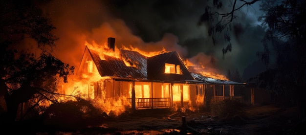 Huis verwoest in vlammen met stijgende rook
