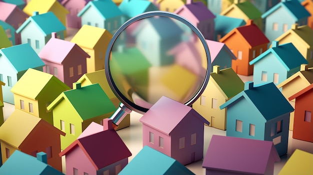 Huis zoeken kleurrijke mini model huizen worden bekeken 3D