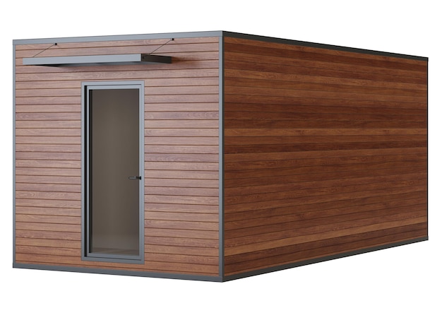 Huiscontainer met een panoramisch raam en houten muren op een witte achtergrond. Uitknippad inbegrepen. 3D-weergave.