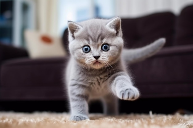 Huisdier Concept schattig kitten spelen met zijn speelgoed in woonkamer kitten met grappige uitstraling