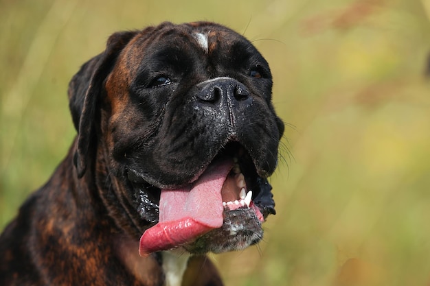 Huisdier hond wandelen in groen gras