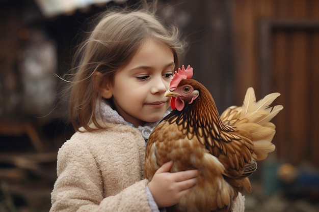 Huisdier kip kip met een kind in het interieur van het huis AI gegenereerd de gevederde gekleurde