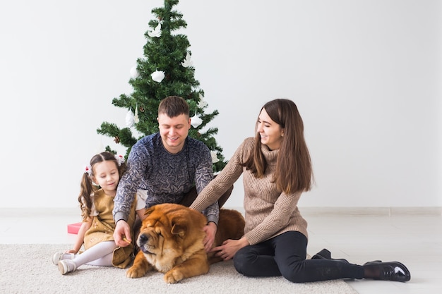 Huisdier, vakantie en feestelijk concept - Familie met hond zit op de vloer in de buurt van de kerstboom.