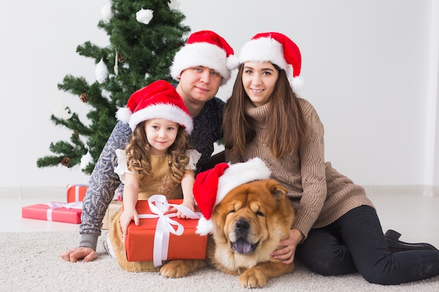 Huisdier, vakantie en feestelijk concept - Familie met hond zit op de vloer in de buurt van de kerstboom.